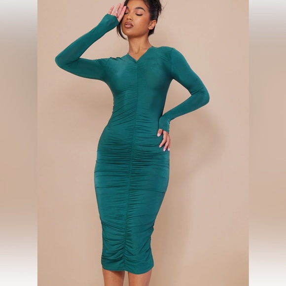 Venus RUCHED center front back party cocktail midi dress jersey fitted green M - Picture 1 of 11